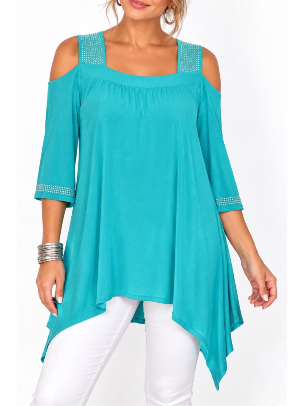 Cover Charge Turquoise Cold Shoulder Tunic Top- Medium